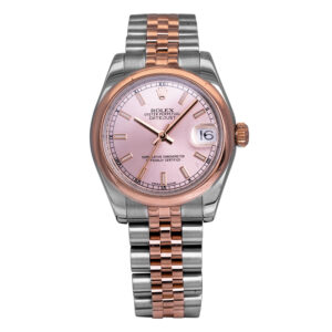 stainless steel and rose gold Rolex with a pink dial