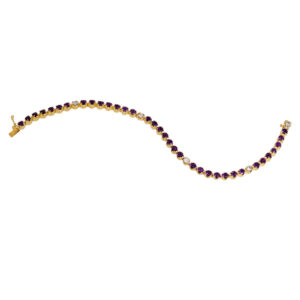 yellow gold tennis bracelet set with most round brilliant amethyst and spaced out round brilliant diamonds