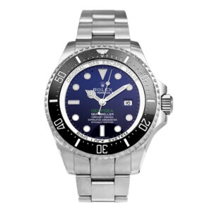 stainless steel Rolex with a black and blue dial and black ceramic bezel
