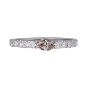 white gold band with a horizontal champagne marquise diamond and round white diamonds