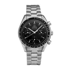 stainless steel watch with a black dial and black bezel, white index markers