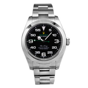 stainless steel Rolex with a black dial, green logo and white index markers