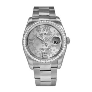 stainless steel rolex with a silver floral dial and diamond bezel