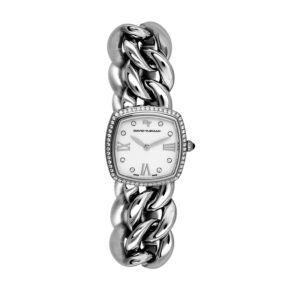 fashion watch in stainless steel with a white dial and curb chain link bracelet