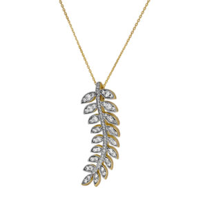 yellow gold feather necklace set with small diamonds