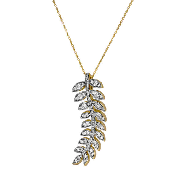 yellow gold feather necklace set with small diamonds