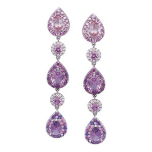 white gold purple and pink sapphire dangle earrings with diamond haloes