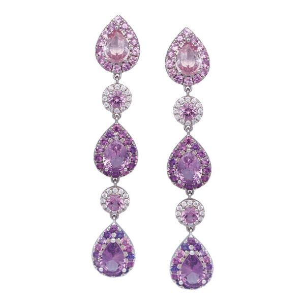 white gold purple and pink sapphire dangle earrings with diamond haloes