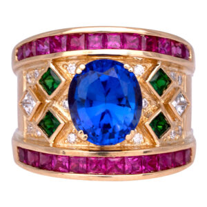 yellow gold ring with tanzanite, pink sapphire, tsavorite and diamonds