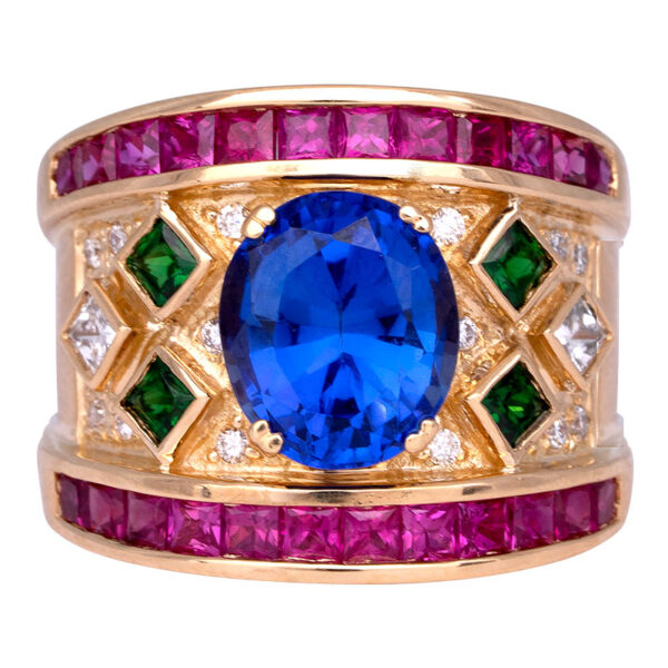 yellow gold ring with tanzanite, pink sapphire, tsavorite and diamonds