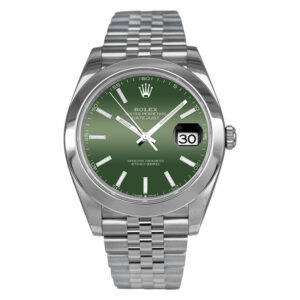 stainless steel rolex with a mint green dial