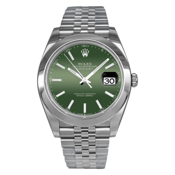stainless steel rolex with a mint green dial