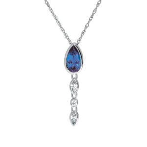 white gold drop pendant set with a pear alexandrite and multiple cuts of diamonds below it