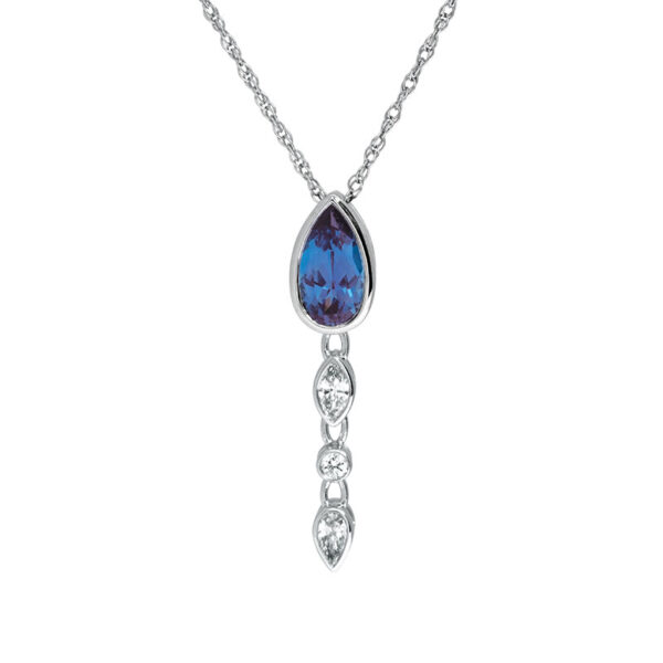 white gold drop pendant set with a pear alexandrite and multiple cuts of diamonds below it