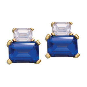 yellow gold stud earrings set with emerald cut sapphires and diamonds on top