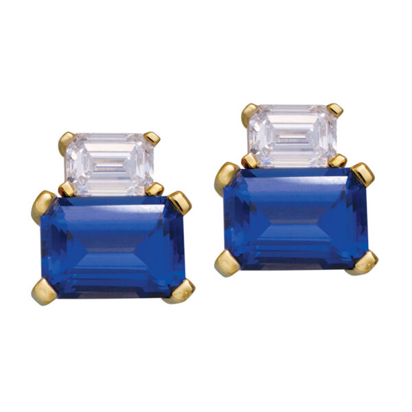 yellow gold stud earrings set with emerald cut sapphires and diamonds on top