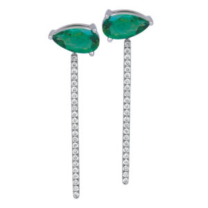 white gold drop earrings set with horizontal pear emeralds and a line of small round diamonds below it