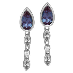 white gold chatham drop earrings set with pear alexandrite and round diamonds