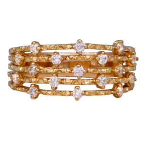 yellow gold 5-row band set with interspersed round diamonds