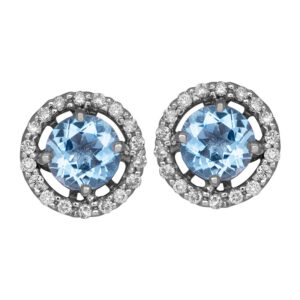 white gold halo earrings centered with round aquamarines surrounded by round diamonds
