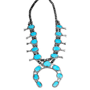 sterling silver Navajo squash blossom necklace set with cabochon turquoise
