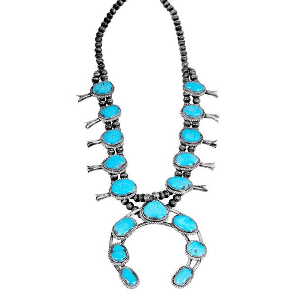 sterling silver Navajo squash blossom necklace set with cabochon turquoise