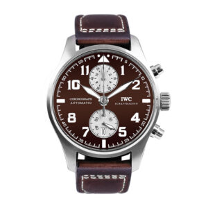 stainless steel chrono watch with a brown dial, brown leather strap