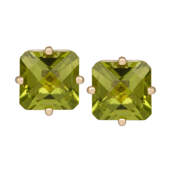 yellow gold stud earrings set with octagonal peridot
