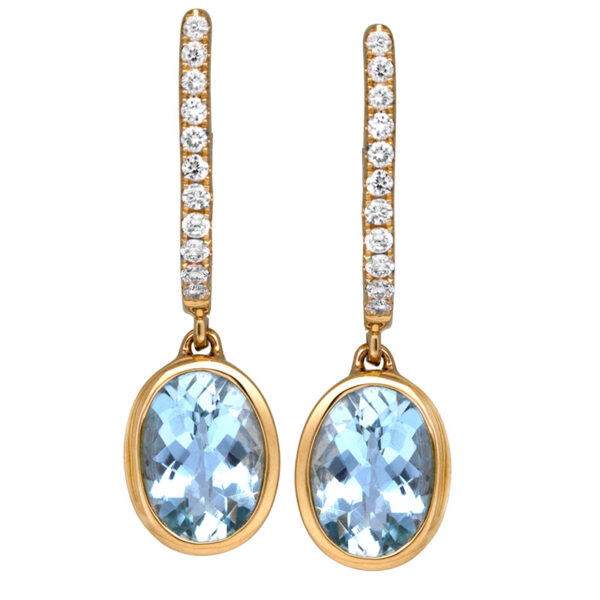 yellow gold drop earrings set with oval aquamarine and small round brilliant diamonds