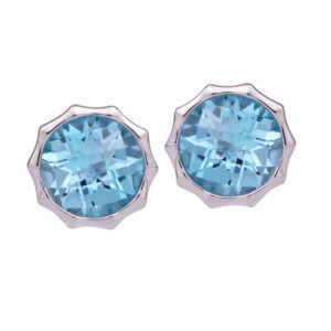 white gold octagonal earrings set with round brilliant blue topaz