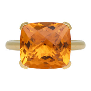 yellow gold solitaire ring set with a large cushion citrine