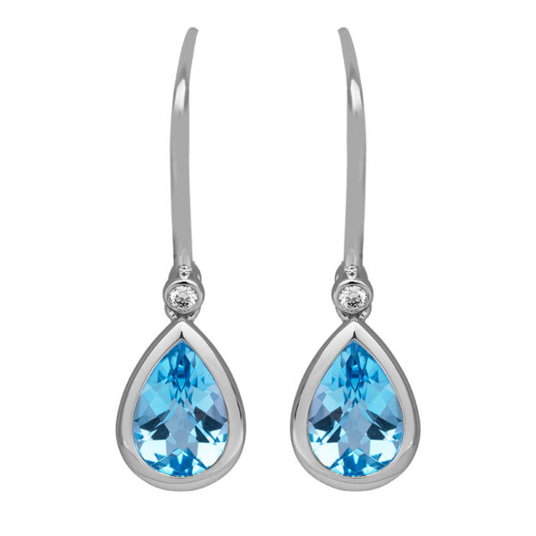 white gold drop earrings set with pear cut blue topaz