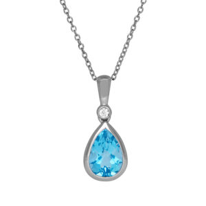 white gold pendant set with pear blue topaz and a small round diamond