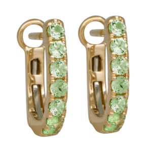 yellow gold huggie hoops set with round brilliant peridot