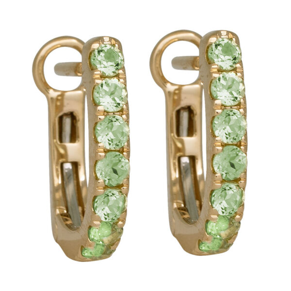 yellow gold huggie hoops set with round brilliant peridot