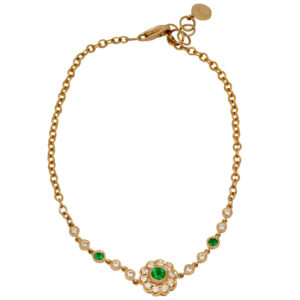 yellow gold bracelet set with round brilliant emeralds surrounded by round brilliant diamonds