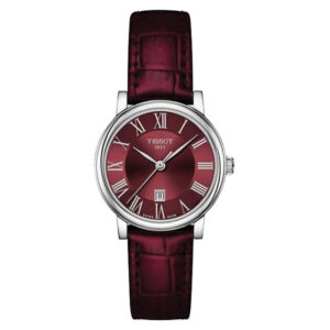 stainless steel watch with a burgundy dial and burgundy leather strap