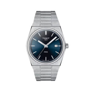 stainless steel watch with a blue dial