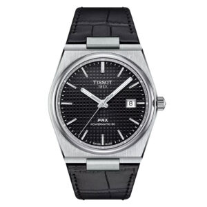 stainless steel watch with a black dial and black leather strap