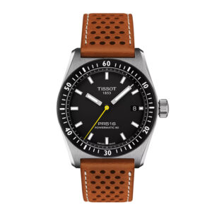 stainless steel watch with a black dial and brown perforated leather strap