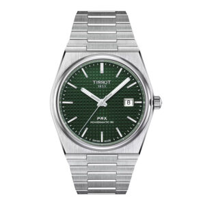 stainless steel watch with a dark green dial