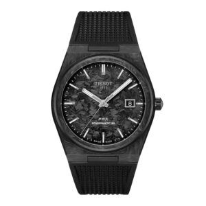 black carbon fiber watch with a carbon fiber dial and white markers