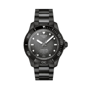 stainless steel watch with black pvd, black dial and white markers