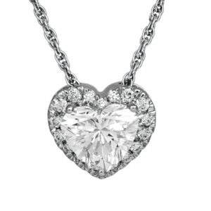 white gold heart halo pendant set with a heart shaped diamond surrounded by round diamonds