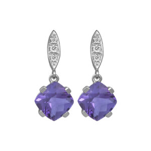 white gold drop earrings set with cushion amethyst and small round diamonds