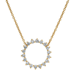 yellow gold open circle pendant set with round diamonds