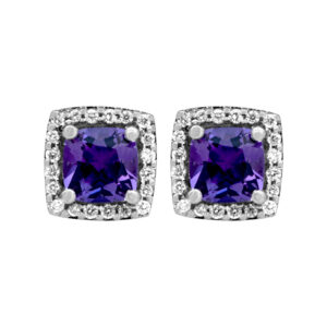 white gold halo earrings set with cushion amethyst surrounded by round brilliant diamond haloes