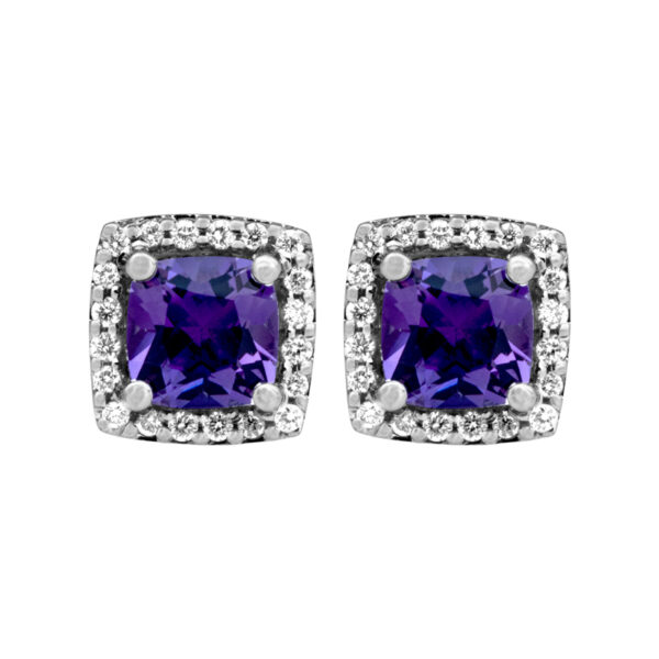 white gold halo earrings set with cushion amethyst surrounded by round brilliant diamond haloes