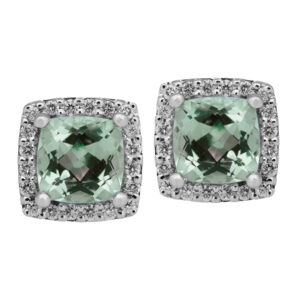 white gold halo earrings centered with cushion prasiolite surrounded by round diamonds