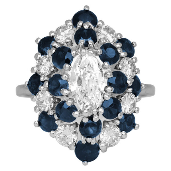 white gold double halo ring with a marquise center diamond surrounded by alternating round blue sapphire and white diamonds